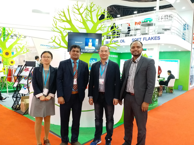 Figure 1: Runhe Chemical Industry team with Textile Today editor in front of Runhe stall in China Interdye 2017 exhibition. At the middle from left to right Amin, Country Manager, Bangladesh and David Ye, President, Runhe Chemical Industry.